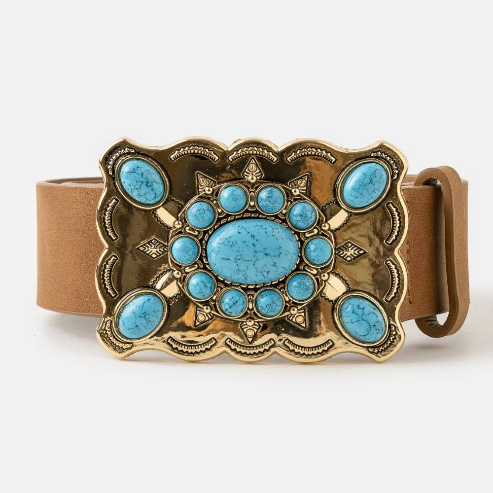 Western Style Turquoise Stone Large Ornate Buckle Belt