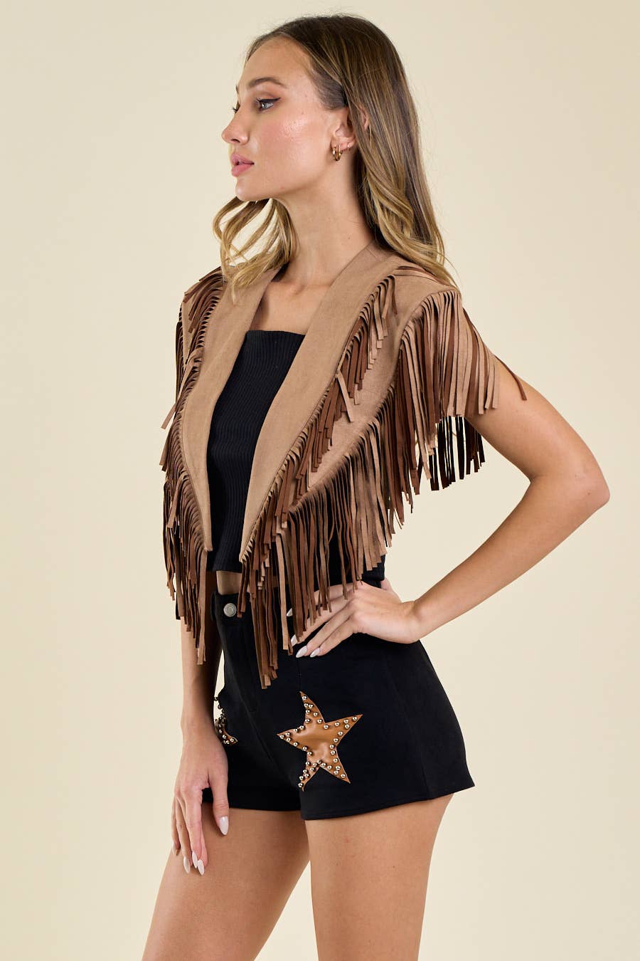 SIJ5247A TAN WESTERN FRINGE SUEDE COLLAR / SHRUG