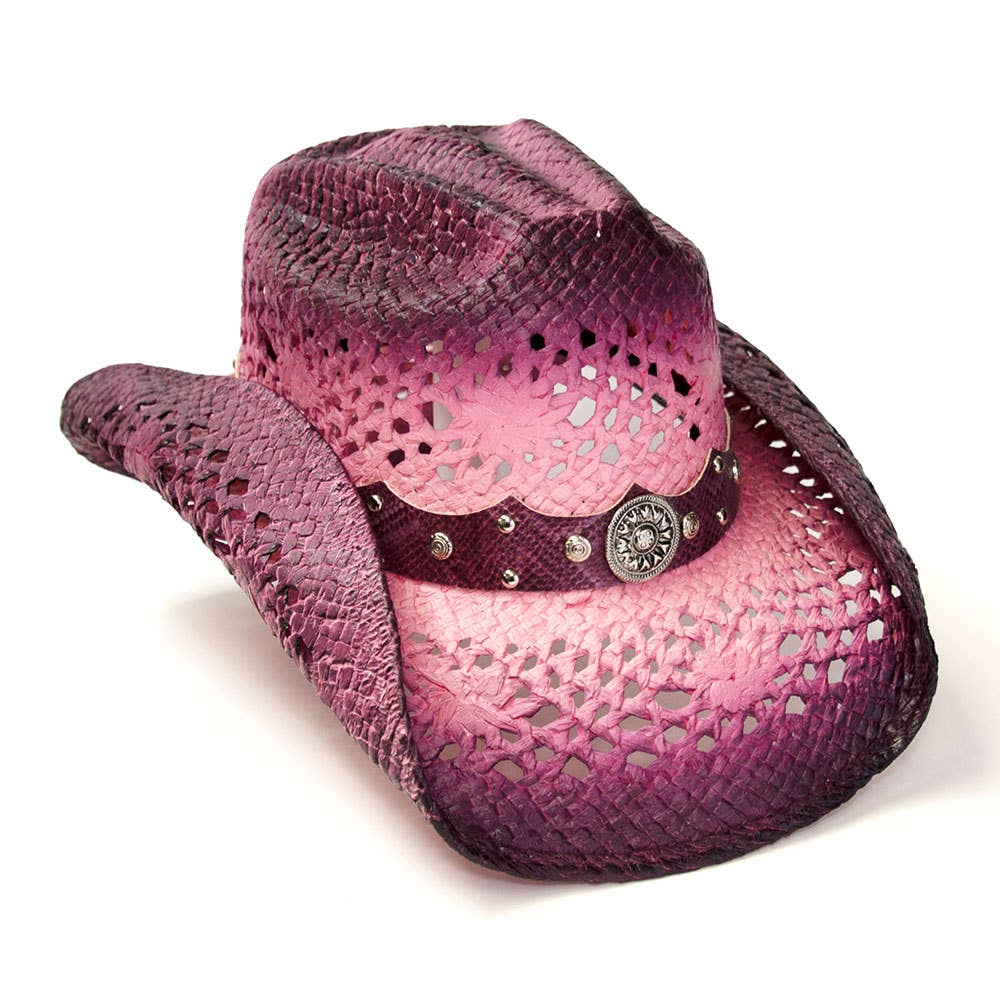 Hot Pink Straw Western Hat with Purple Trim