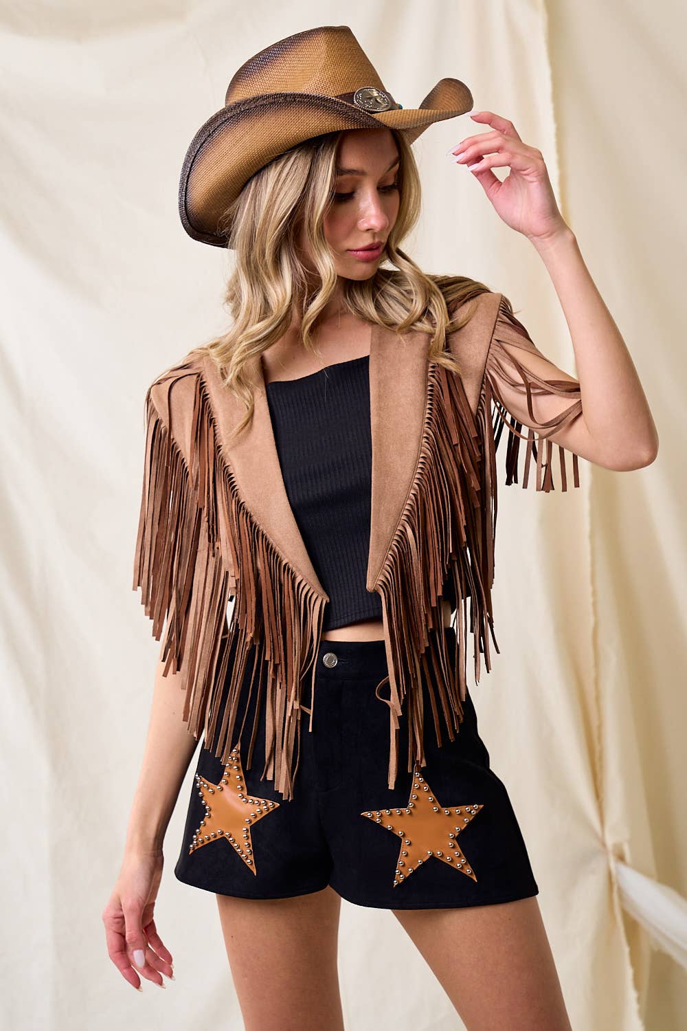 SIJ5247A TAN WESTERN FRINGE SUEDE COLLAR / SHRUG