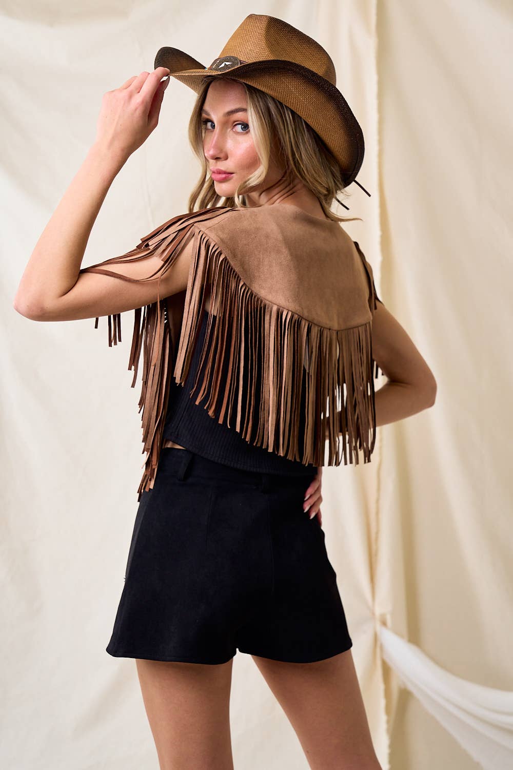 SIJ5247A TAN WESTERN FRINGE SUEDE COLLAR / SHRUG