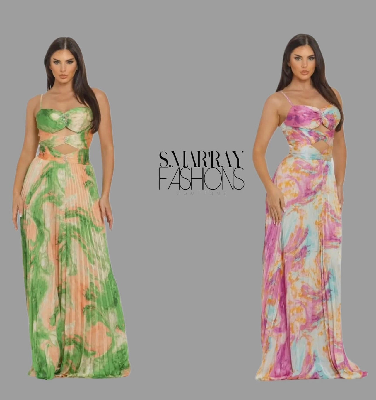 Watercolor Print Pleated Maxi Dress