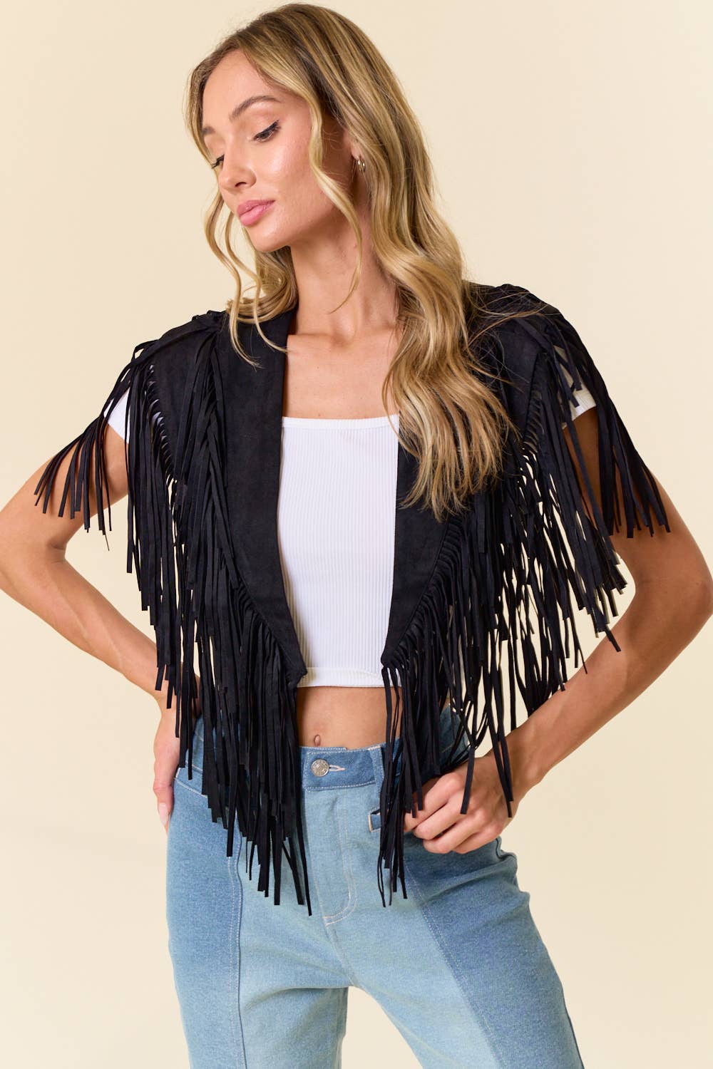 SIJ5247A BLACK TRENDY WESTERN FRINGE SUEDE COLLAR / SHRUG