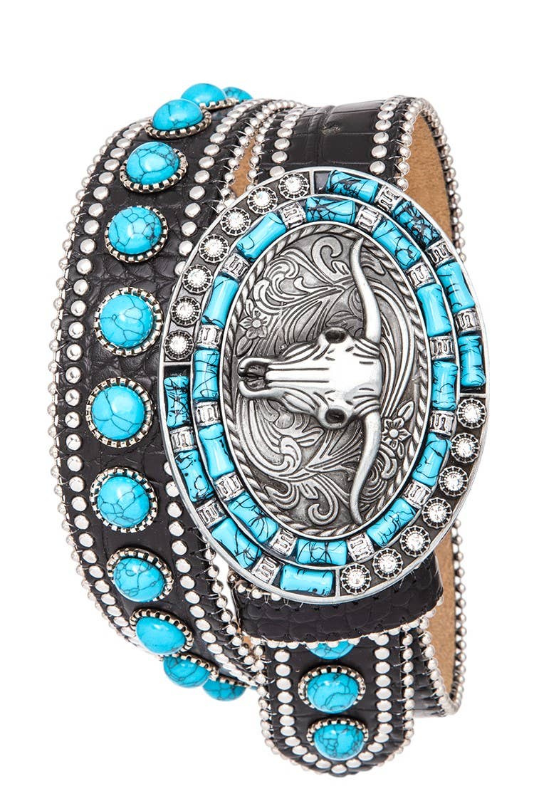 Long Horn Buckle Turquoise Pave Stone Western Belt