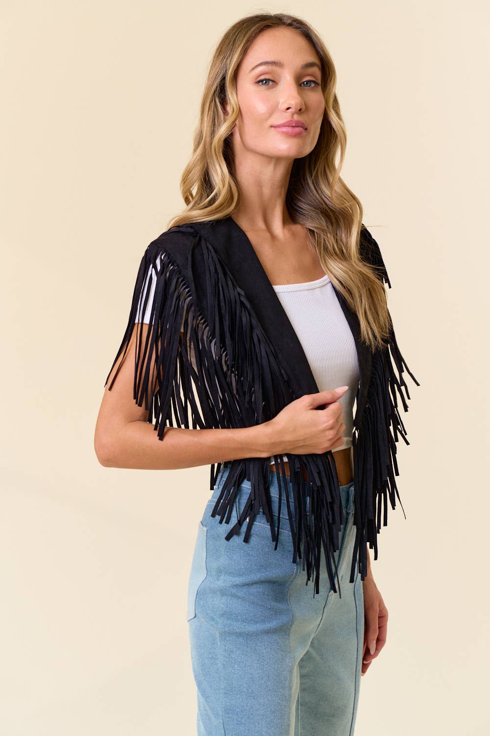 SIJ5247A BLACK TRENDY WESTERN FRINGE SUEDE COLLAR / SHRUG