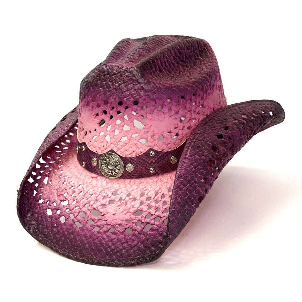 Hot Pink Straw Western Hat with Purple Trim