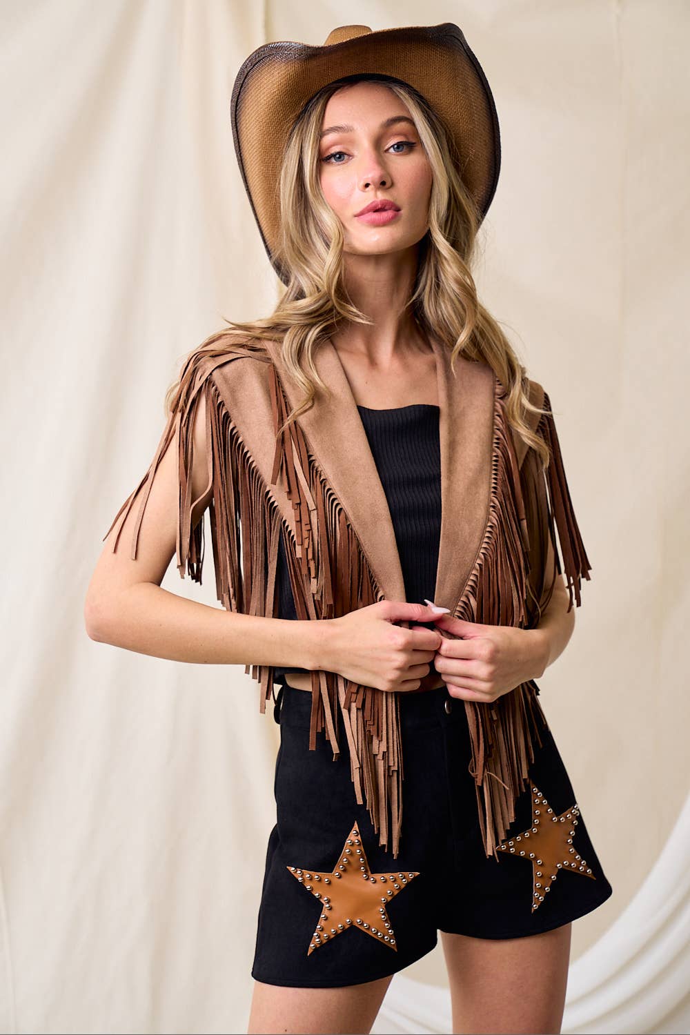 SIJ5247A TAN WESTERN FRINGE SUEDE COLLAR / SHRUG