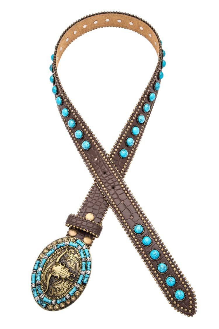 Long Horn Buckle Turquoise Pave Stone Western Belt