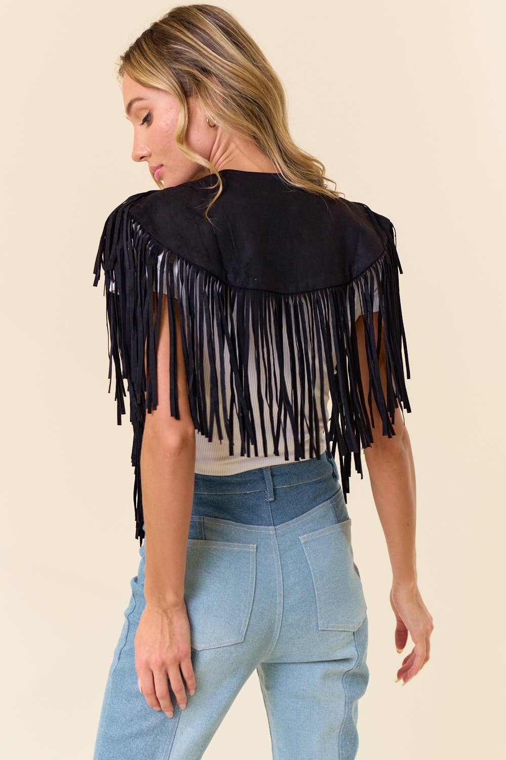 SIJ5247A BLACK TRENDY WESTERN FRINGE SUEDE COLLAR / SHRUG