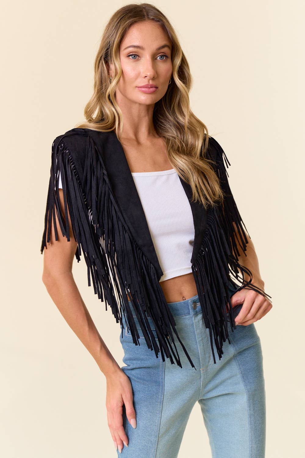 SIJ5247A BLACK TRENDY WESTERN FRINGE SUEDE COLLAR / SHRUG