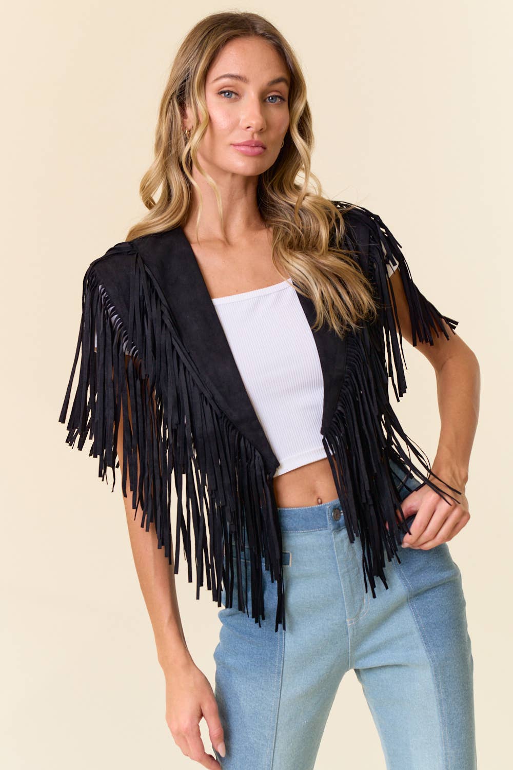 SIJ5247A BLACK TRENDY WESTERN FRINGE SUEDE COLLAR / SHRUG