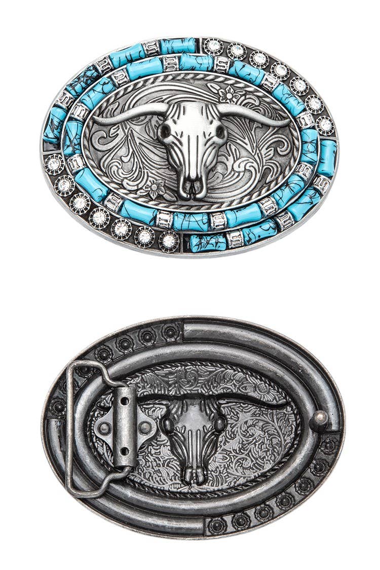 Long Horn Buckle Turquoise Pave Stone Western Belt