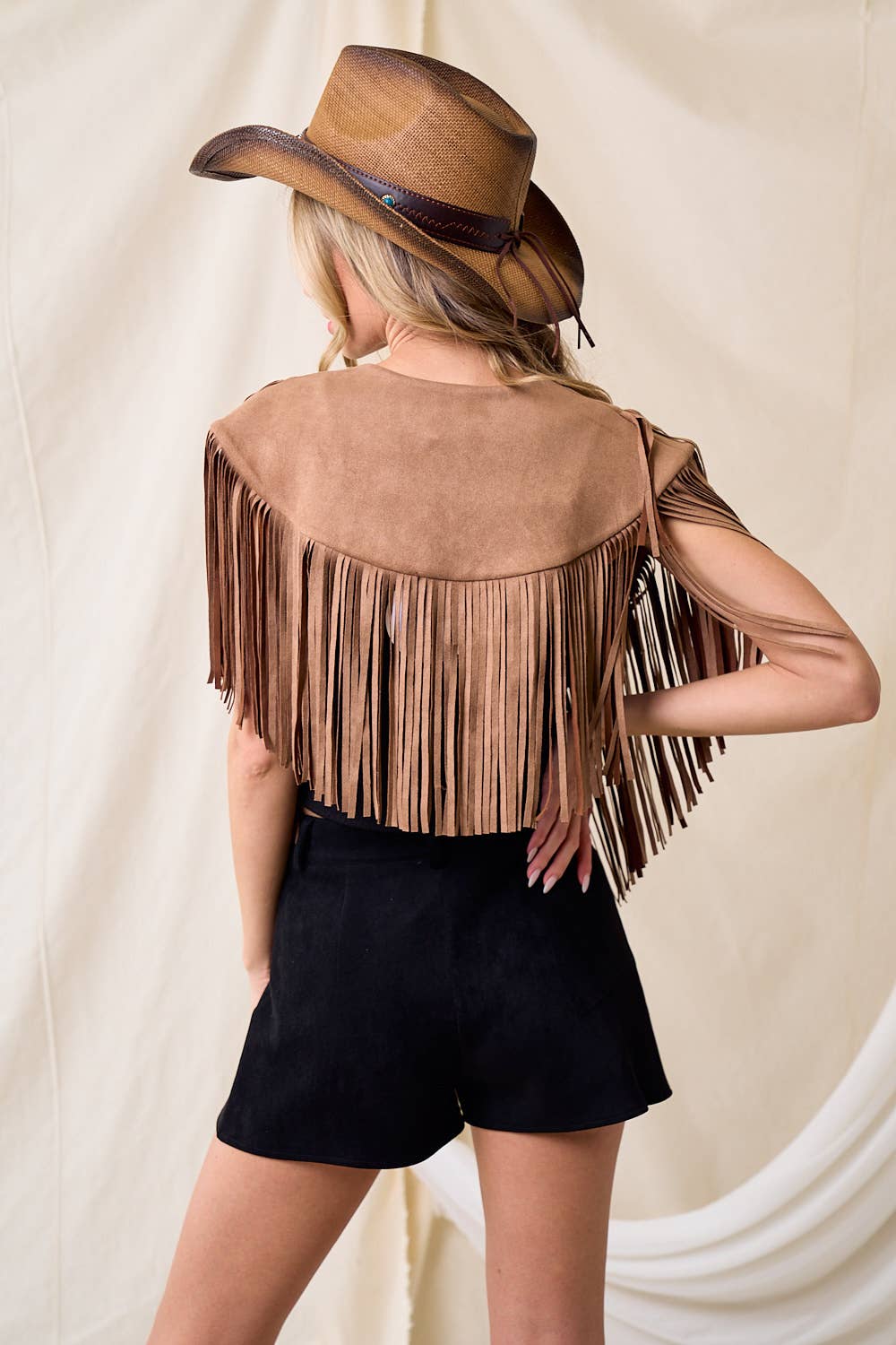 SIJ5247A TAN WESTERN FRINGE SUEDE COLLAR / SHRUG