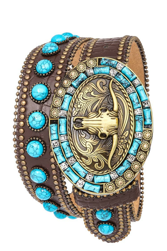 Long Horn Buckle Turquoise Pave Stone Western Belt