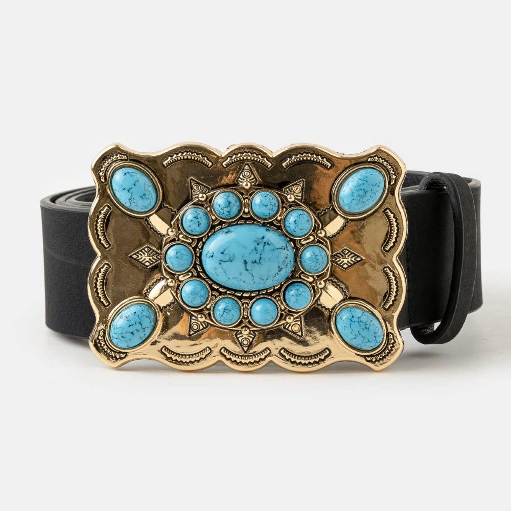 Western Style Turquoise Stone Large Ornate Buckle Belt