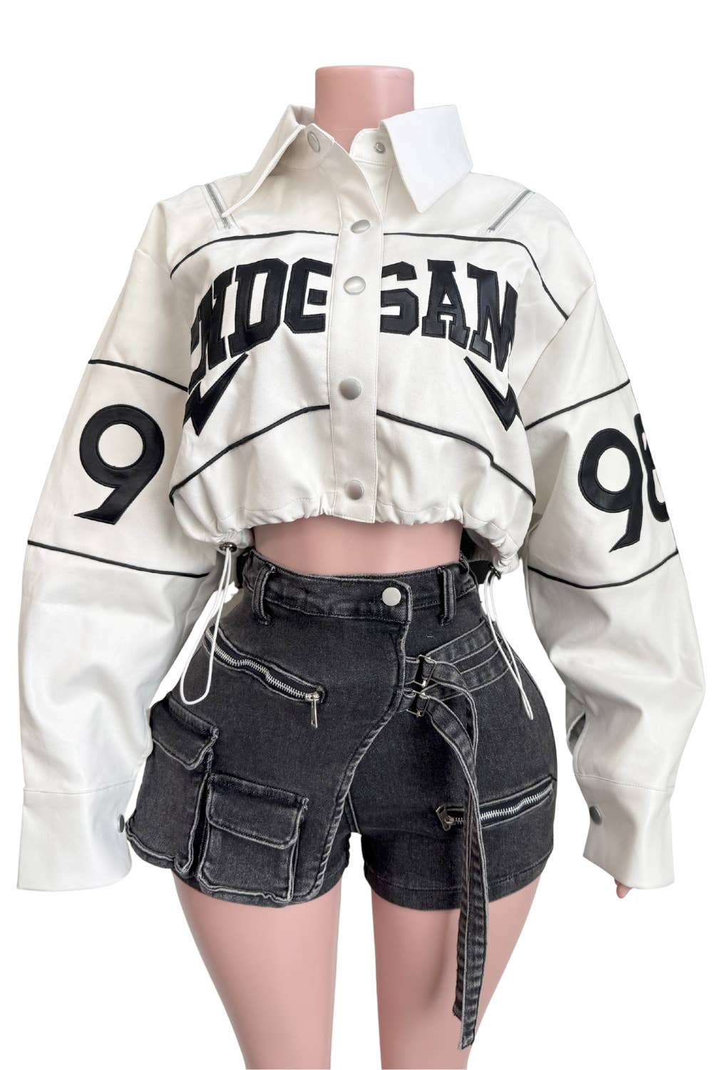 NT1107C Cropped PU Leather Varsity Jacket