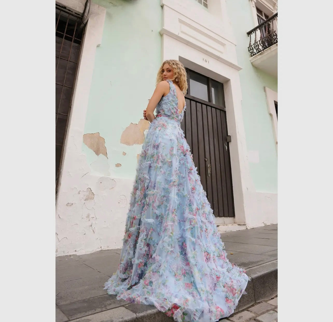 Floral print ruffle prom dress