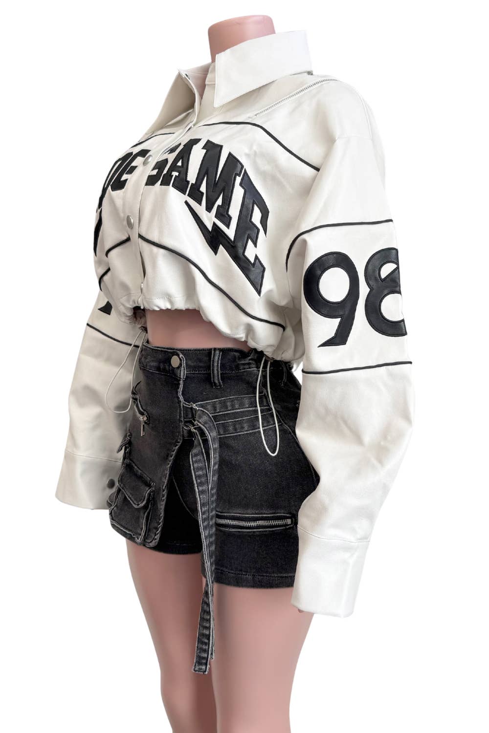 NT1107C Cropped PU Leather Varsity Jacket