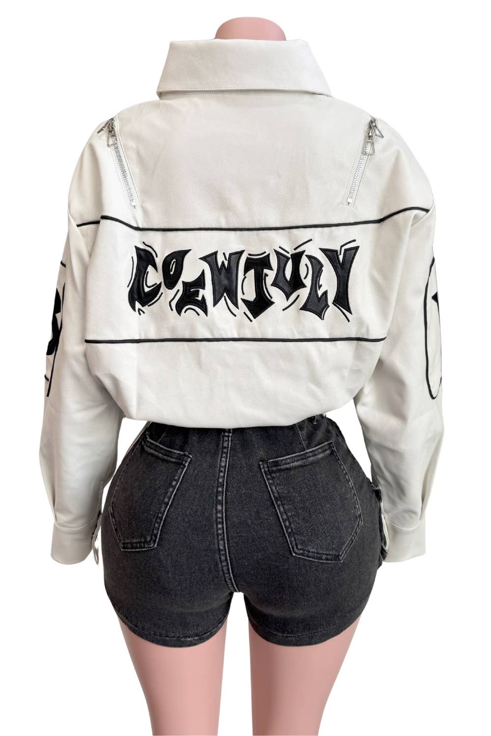 NT1107C Cropped PU Leather Varsity Jacket
