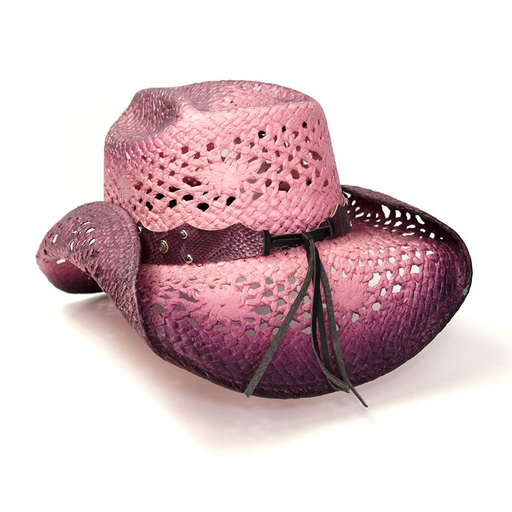 Hot Pink Straw Western Hat with Purple Trim