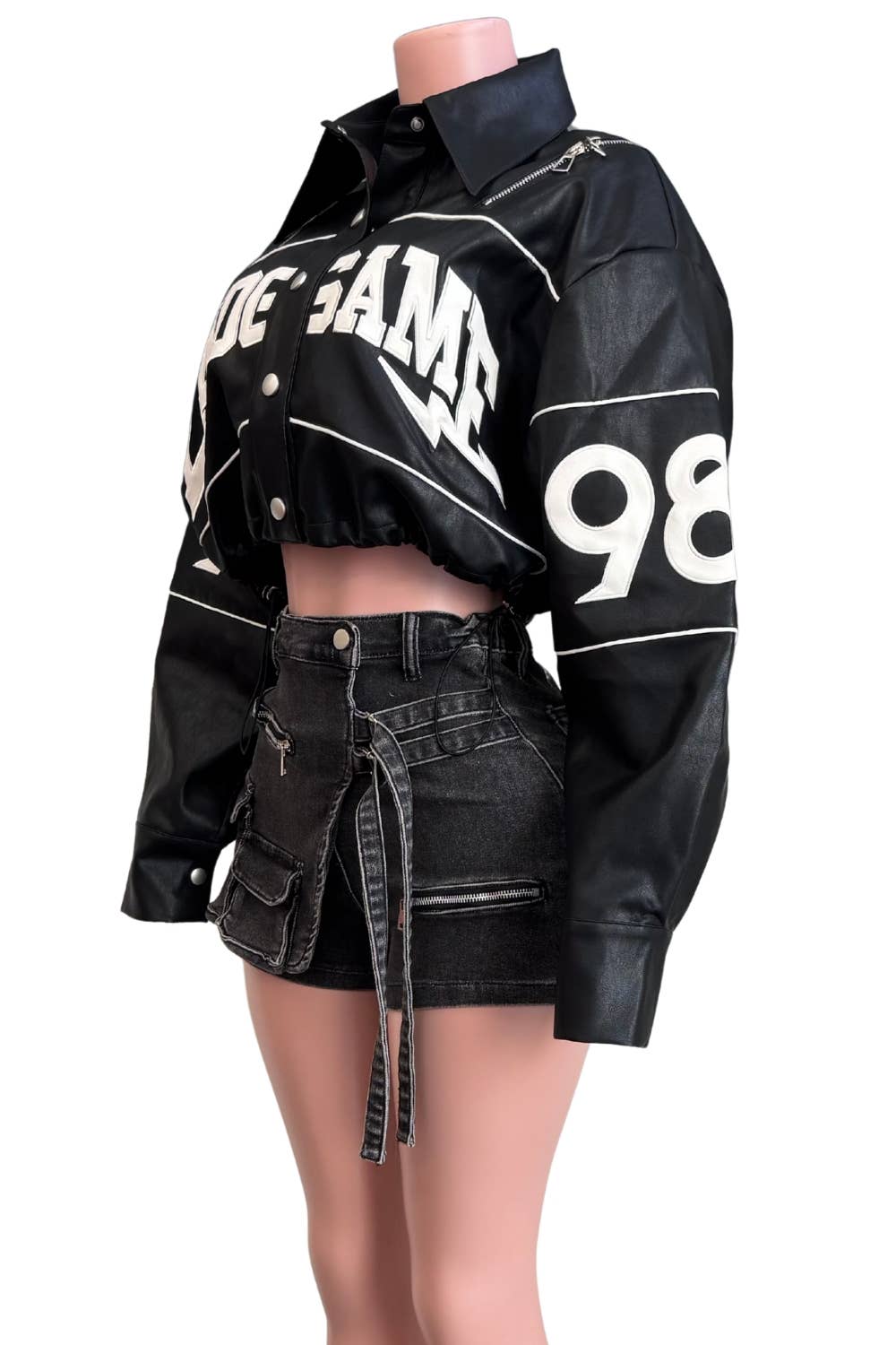 NT1107C Cropped PU Leather Varsity Jacket