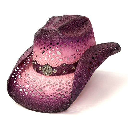Hot Pink Straw Western Hat with Purple Trim