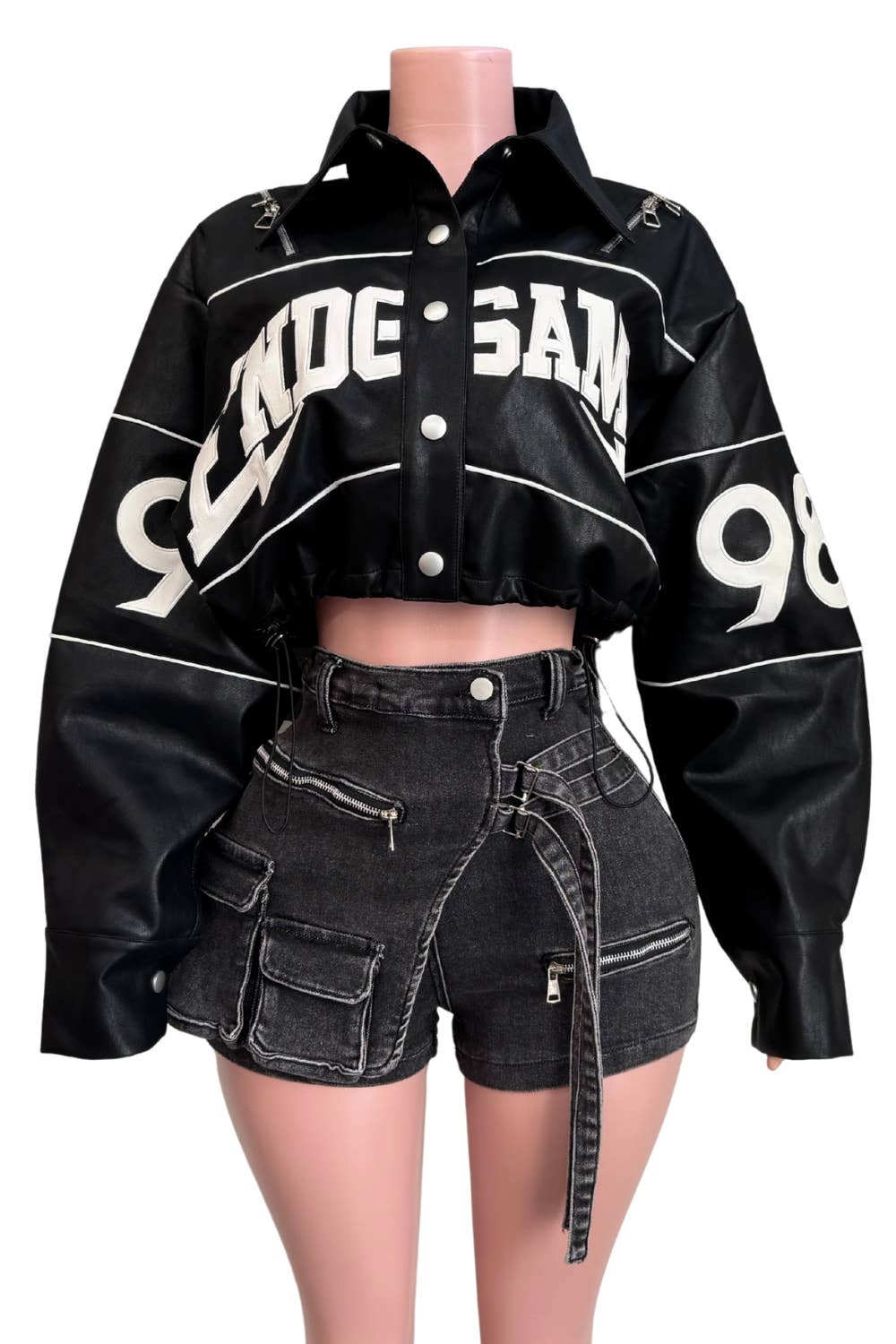 NT1107C Cropped PU Leather Varsity Jacket