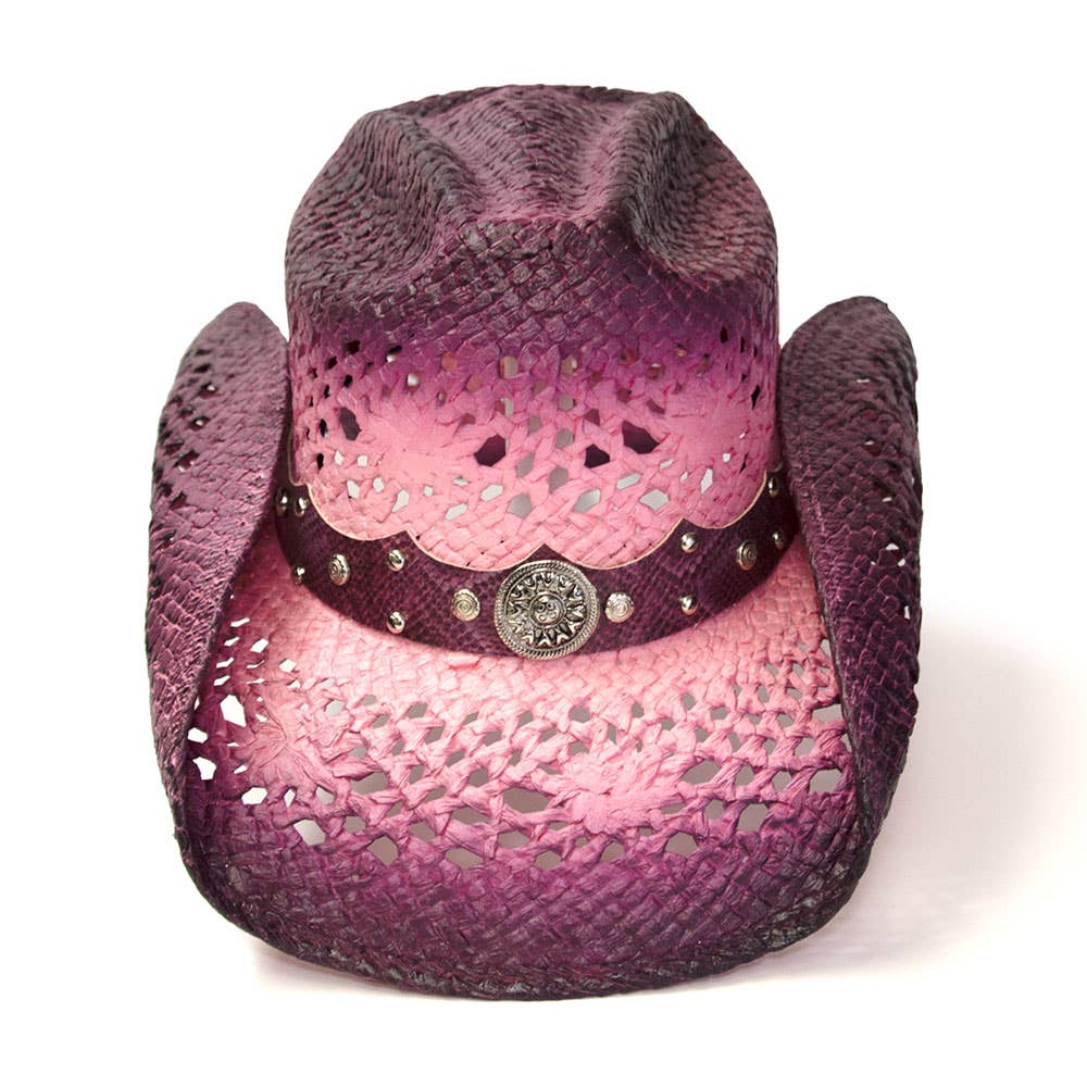 Hot Pink Straw Western Hat with Purple Trim