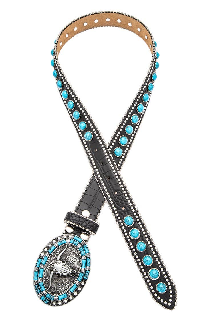 Long Horn Buckle Turquoise Pave Stone Western Belt