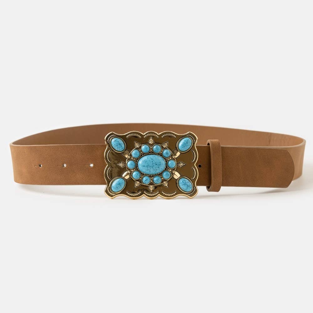 Western Style Turquoise Stone Large Ornate Buckle Belt
