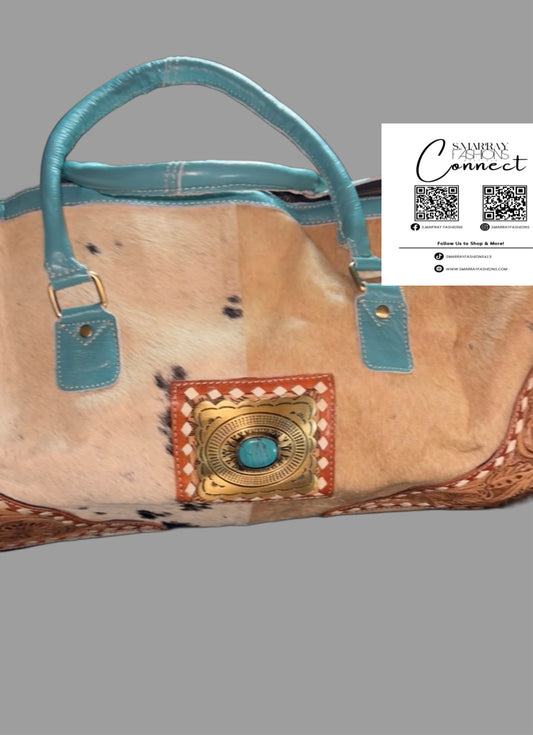 Turquoise Leather Fringe Western Cowhide Duffle Bag