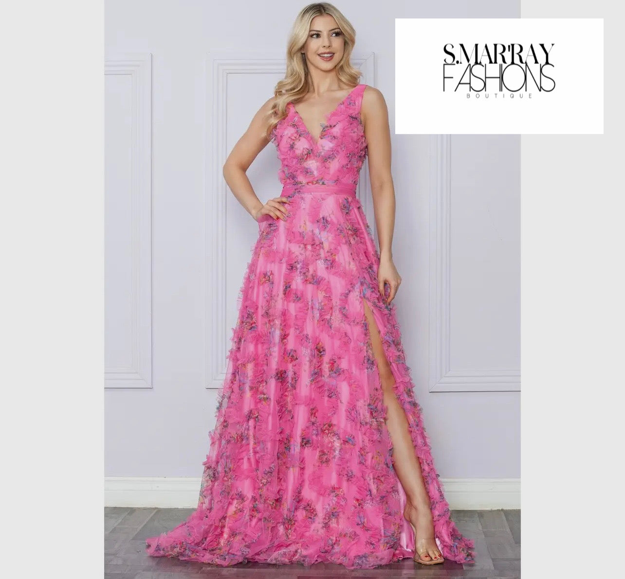 Floral print ruffle prom dress