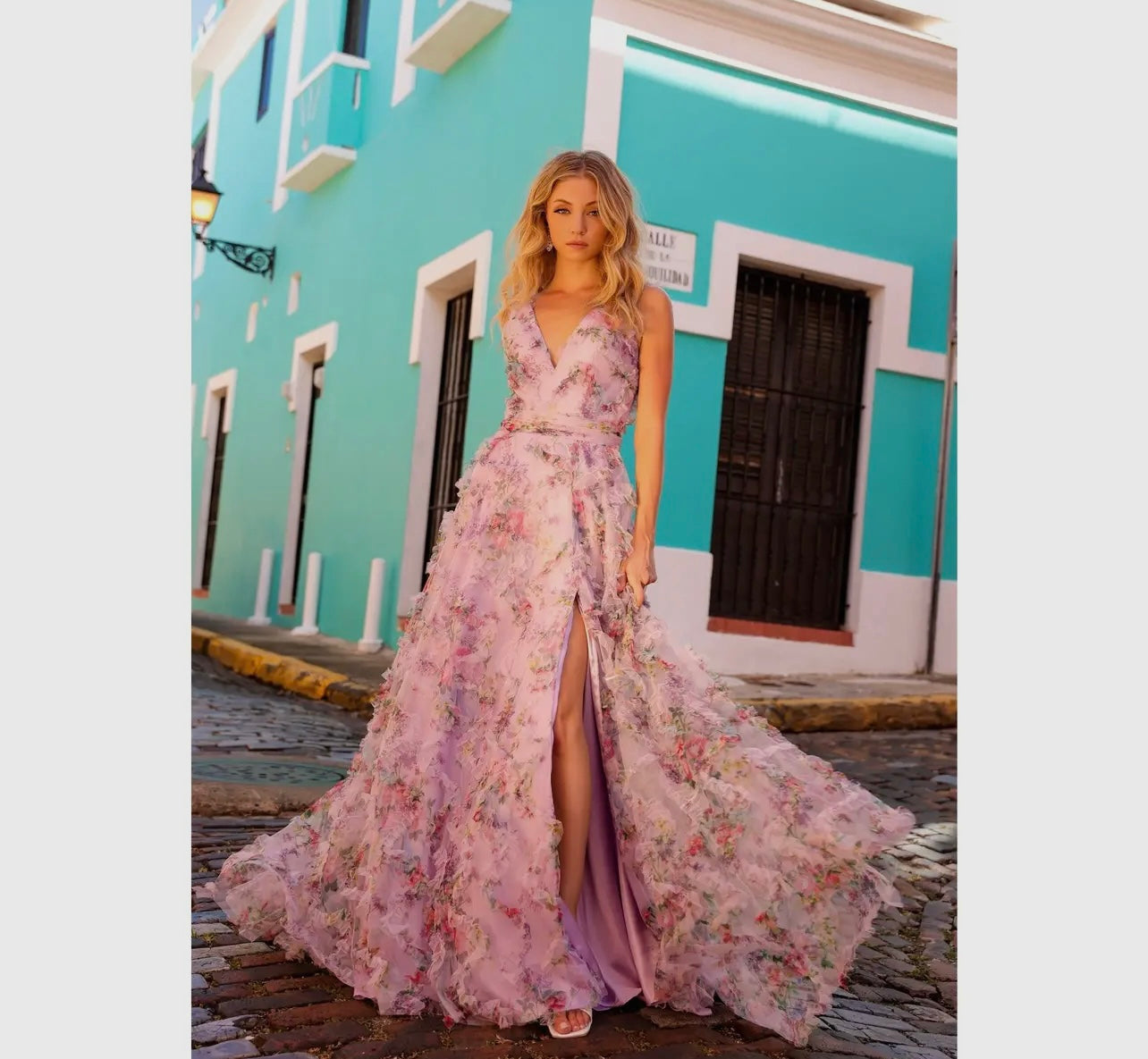 Floral print ruffle prom dress