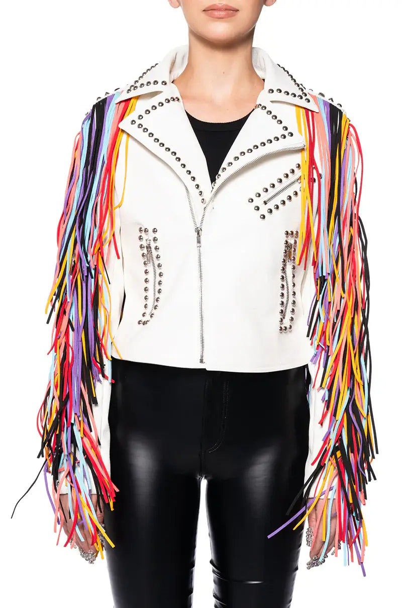 RAINBOW-RYDER WHITE MULTI MOTO JACKET