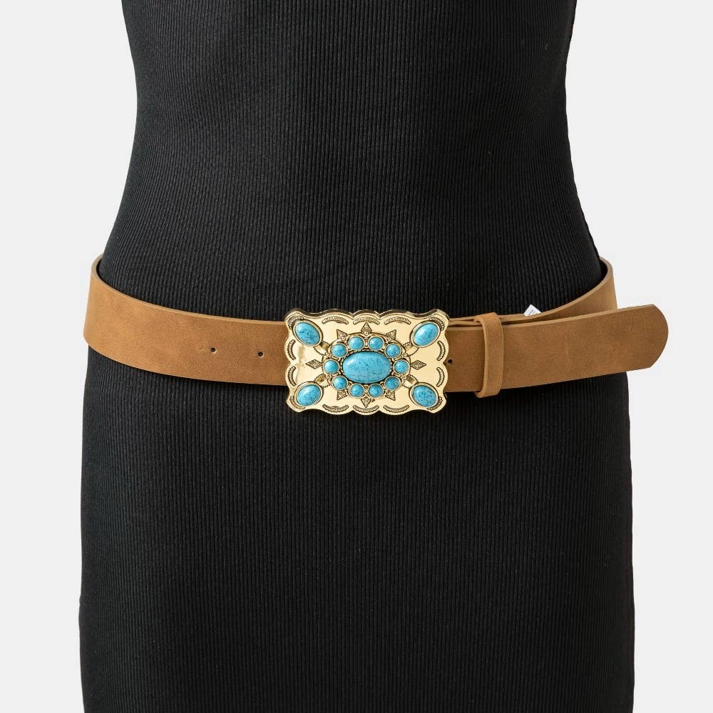 Western Style Turquoise Stone Large Ornate Buckle Belt