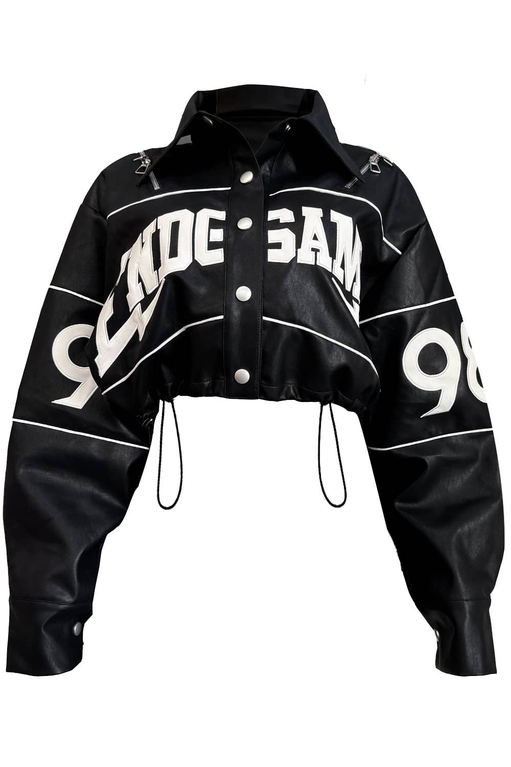 NT1107C Cropped PU Leather Varsity Jacket