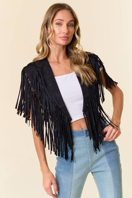 SIJ5247A BLACK TRENDY WESTERN FRINGE SUEDE COLLAR / SHRUG