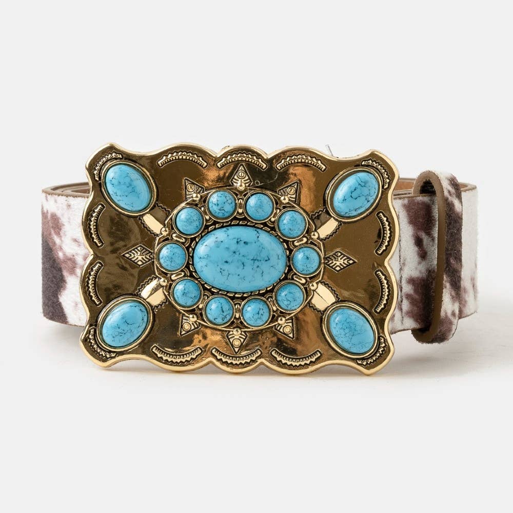 Western Style Turquoise Stone Large Ornate Buckle Belt