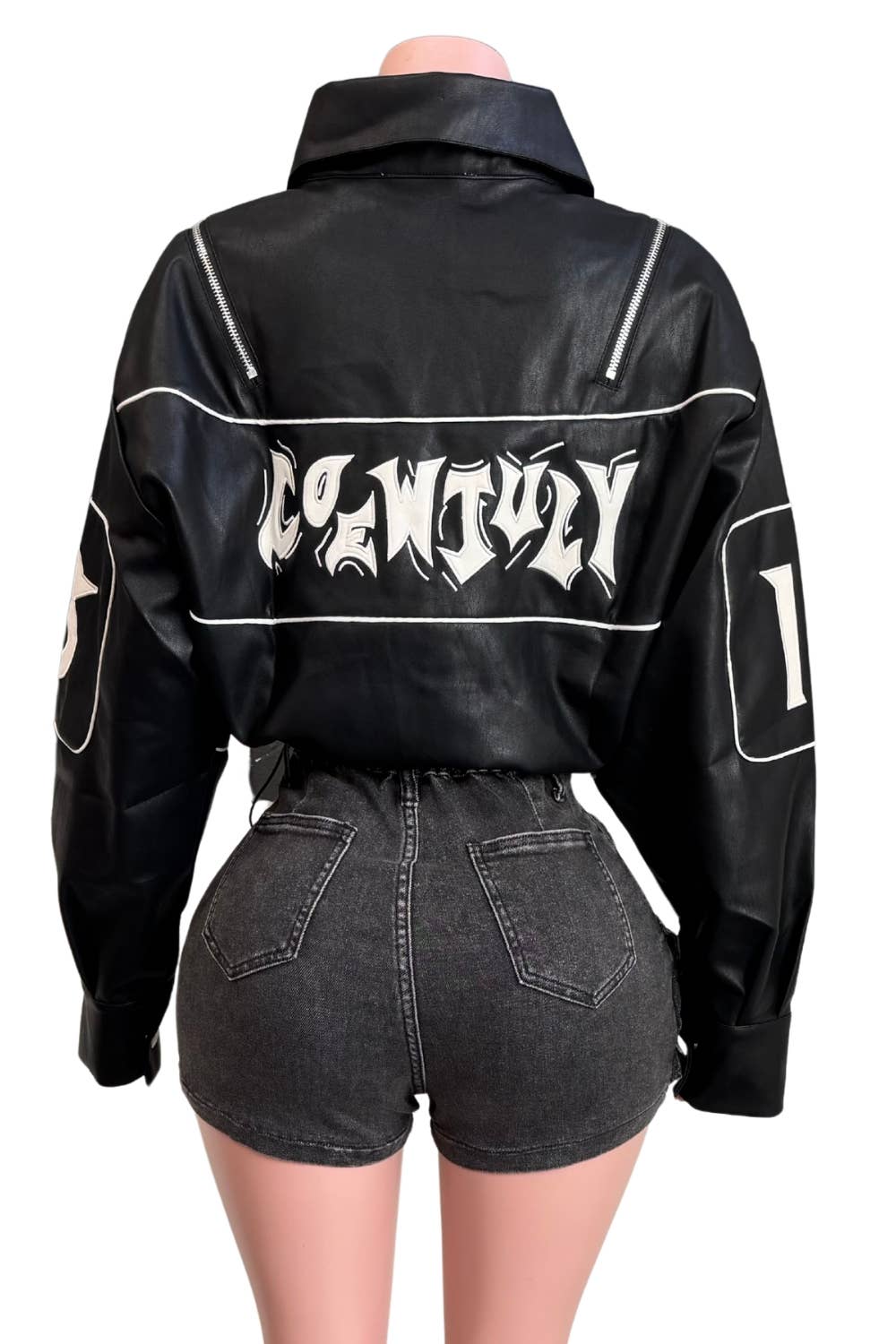 NT1107C Cropped PU Leather Varsity Jacket
